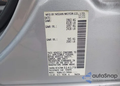 2022 Nissan Altima Sr Fwd из США, поврежденный, VIN 1N4BL4CV2NN314179